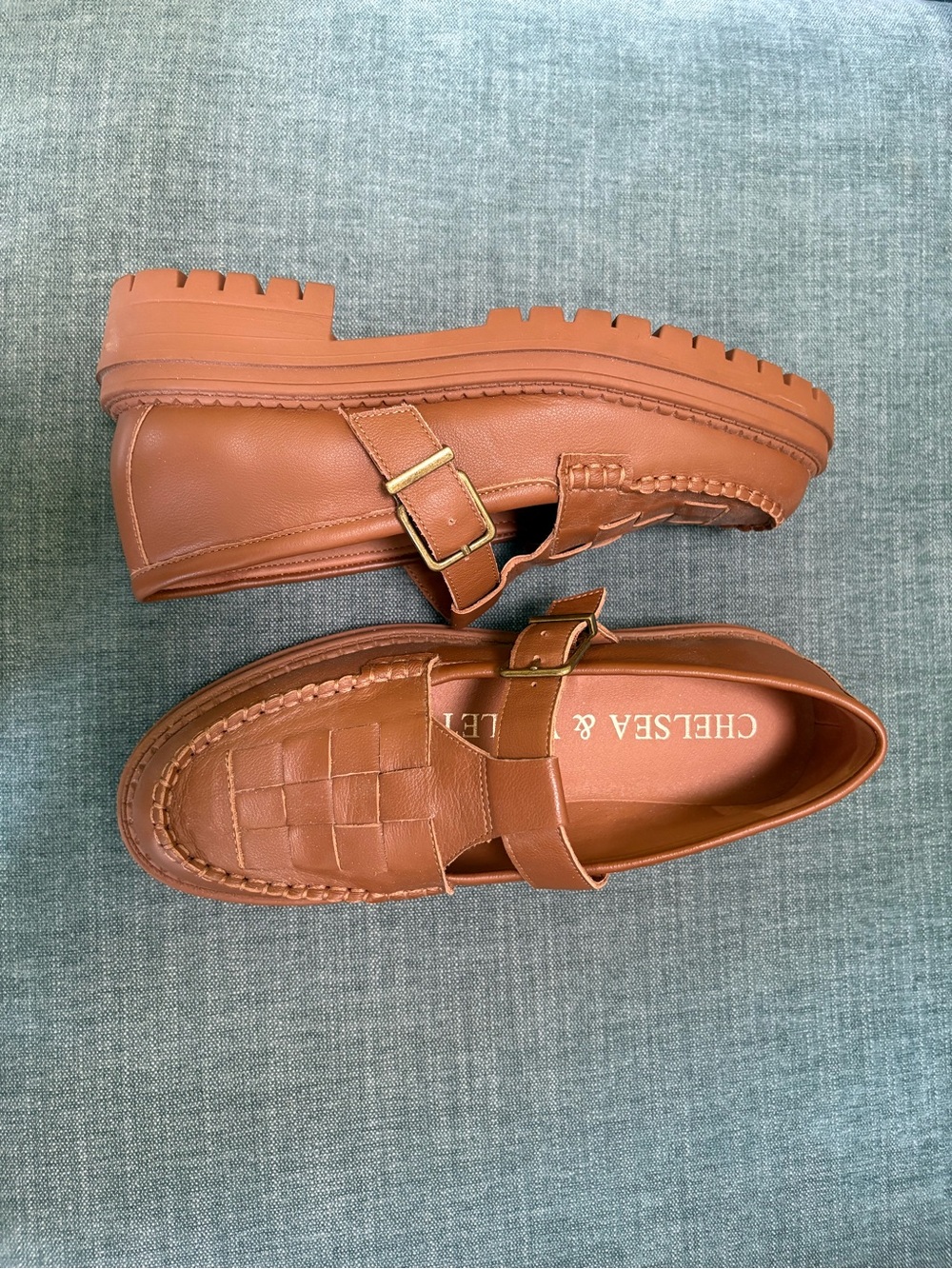 Chelsea & Violet Tan Woven Monk Strap Platform Loafers